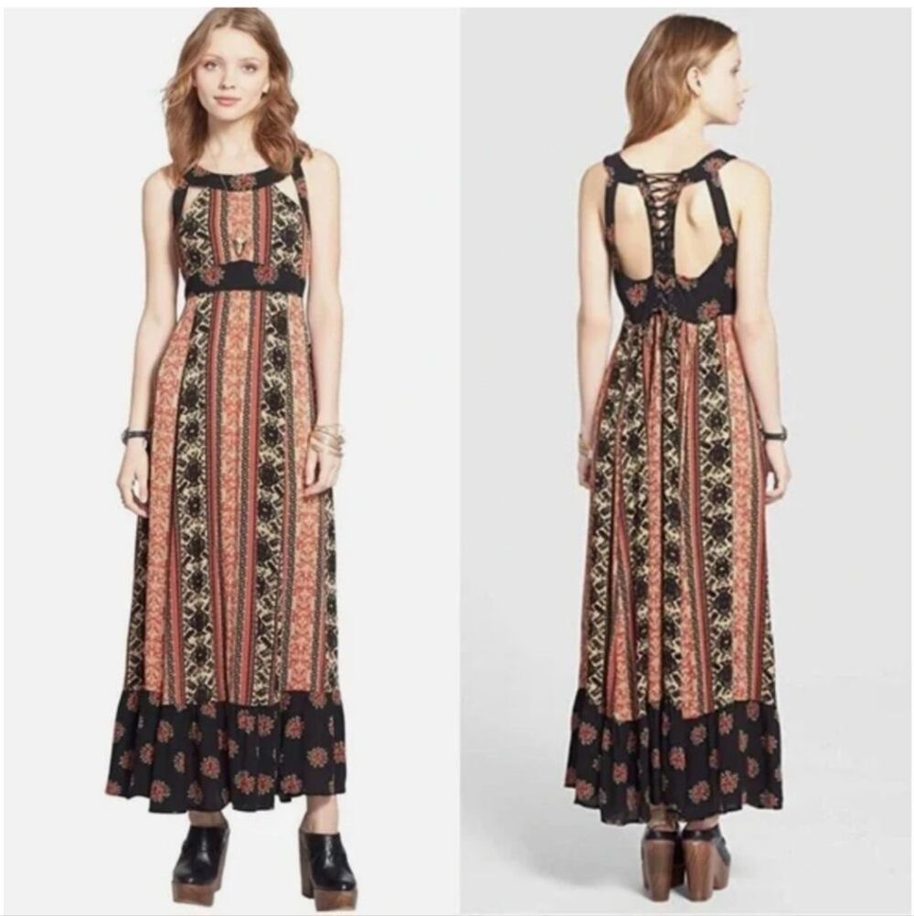 Free People "You Made My Day" Coal Combo Floral Boho Sz 0 Ladies Maxi